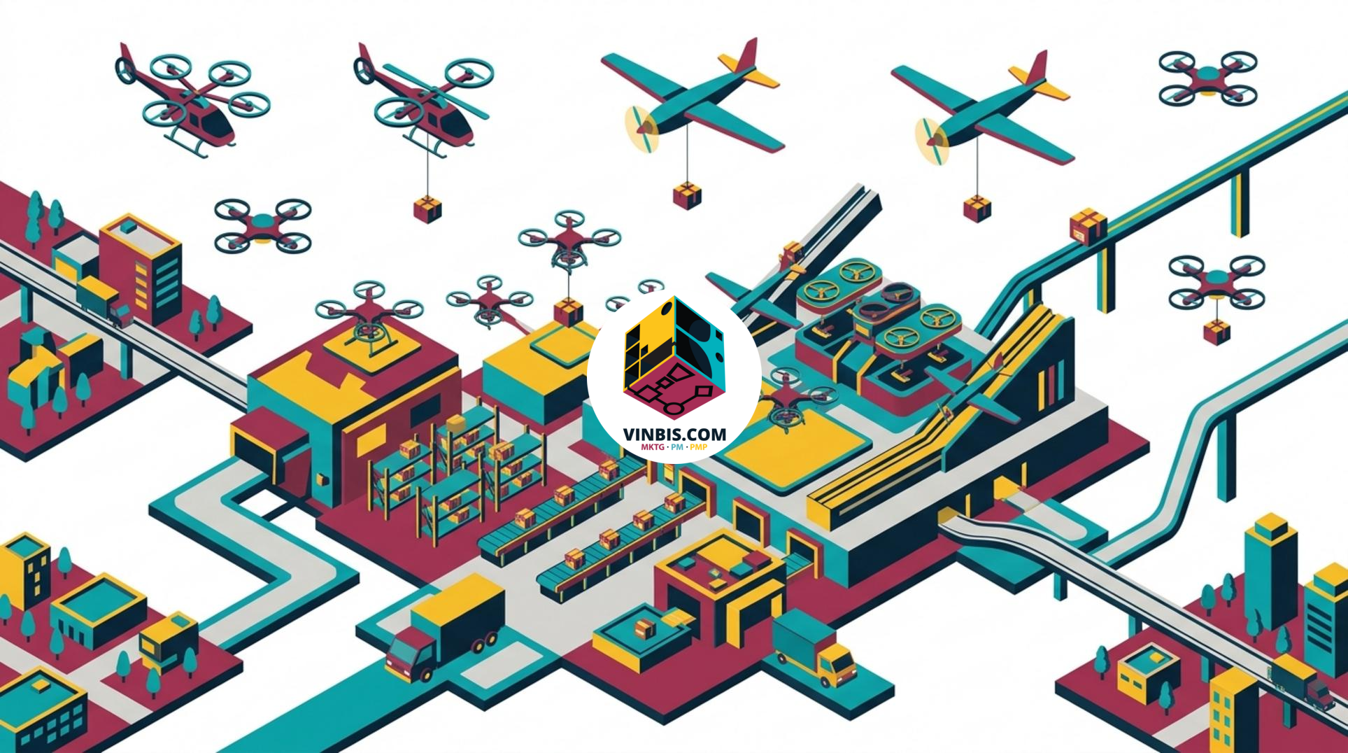 Drone per la consegna di cibo in volo sopra un’area urbana · Immagine illustrativa generata mediante intelligenza artificiale.
