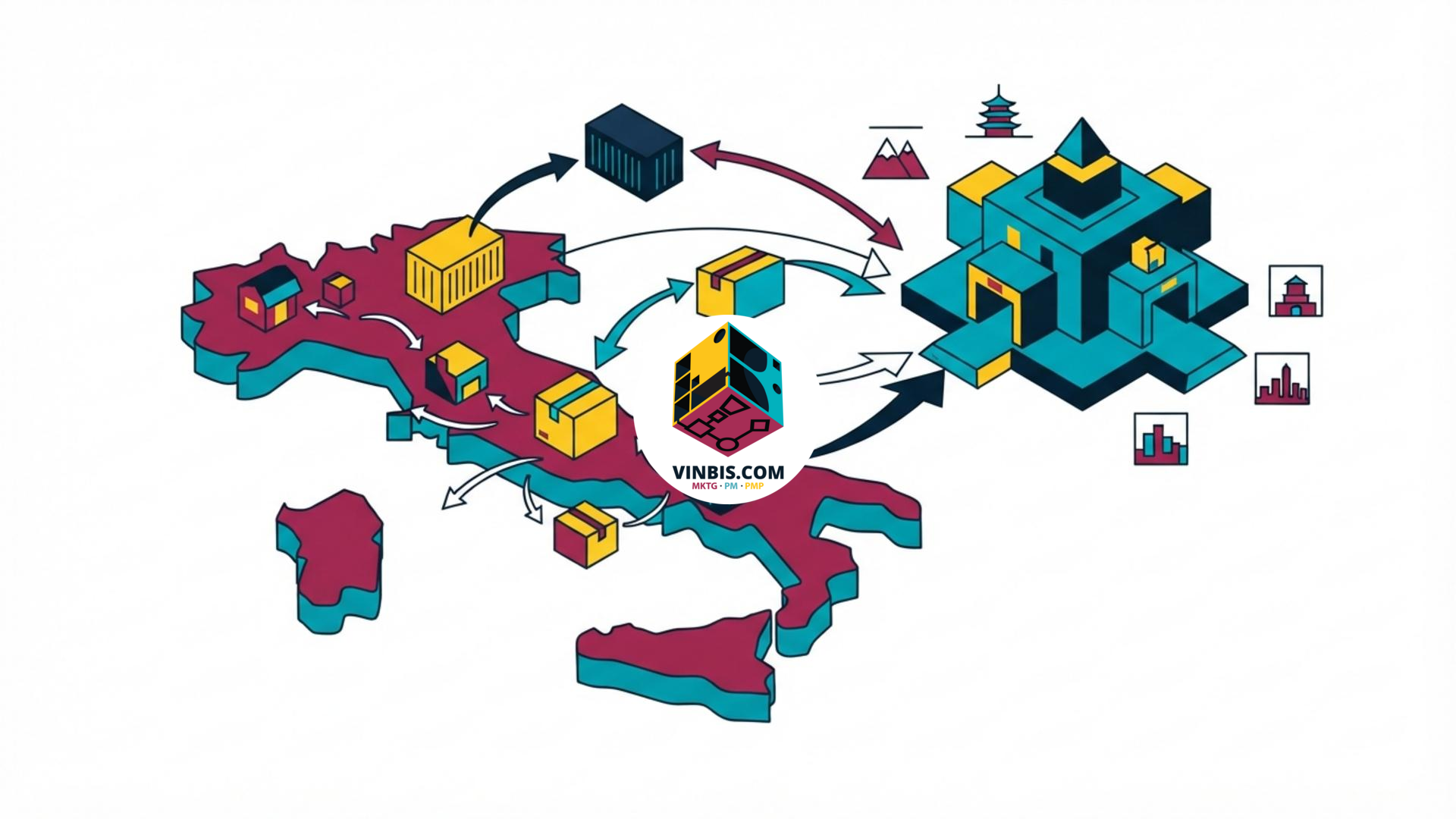Illustrazione di un marketplace digitale con prodotti italiani destinati ai mercati esteri · Immagine illustrativa generata mediante intelligenza artificiale.