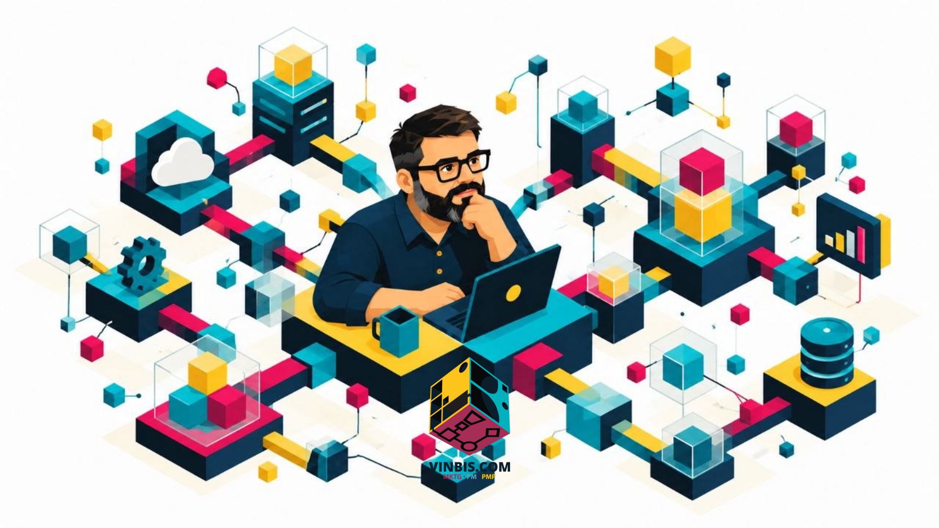 Workspace moderno con elementi visivi legati a marketing, dati e tecnologia integrati in modo coerente.