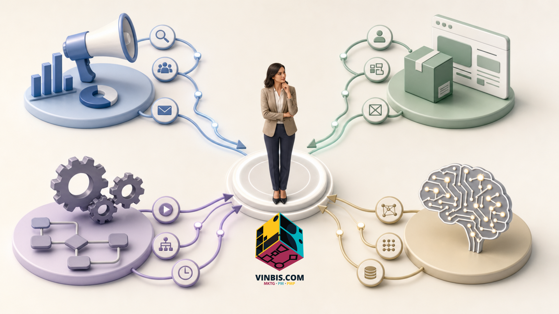 Composizione visiva che unisce competenze diverse in un unico sistema di lavoro.