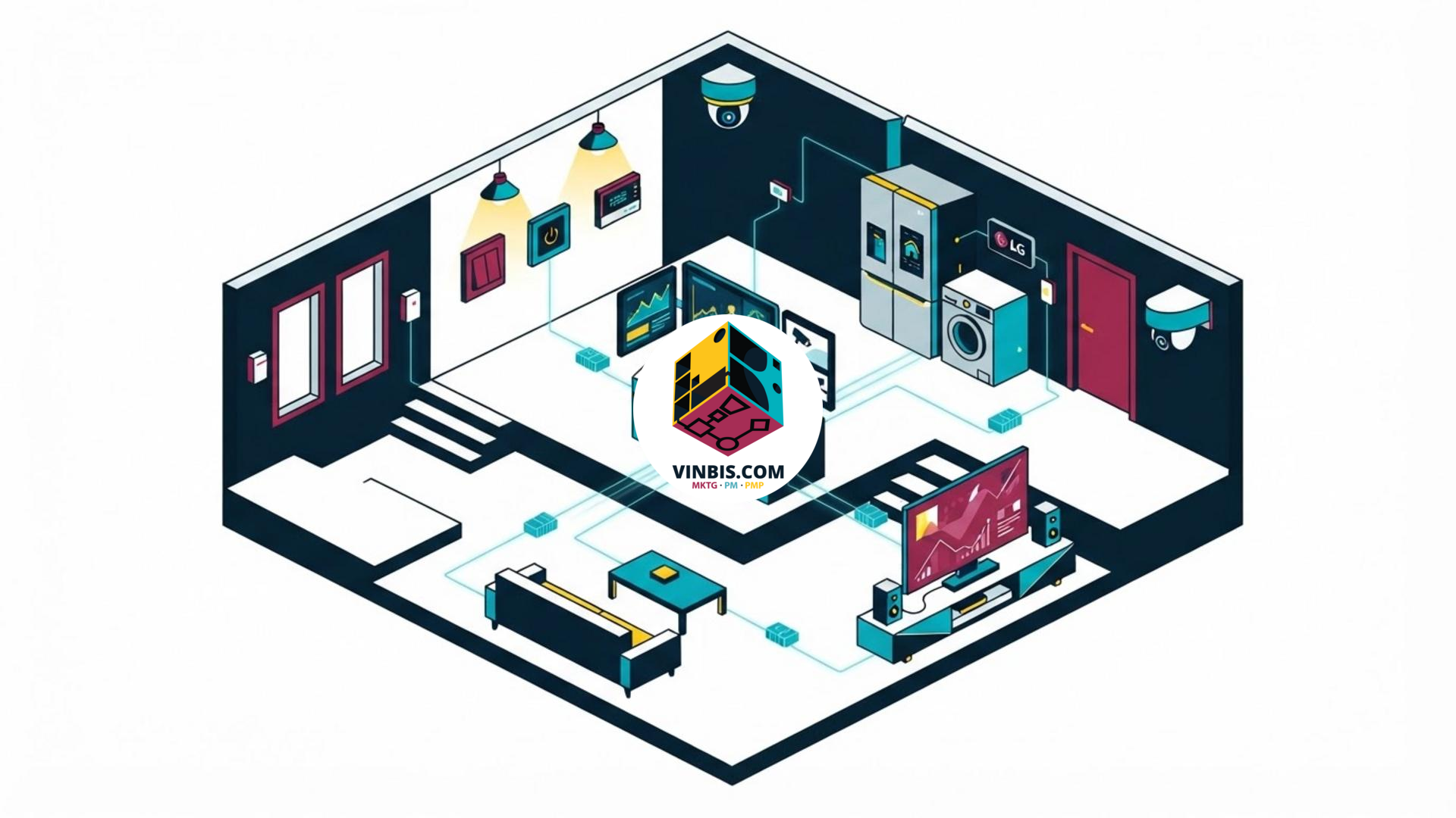 Rappresentazione di dispositivi Apple per la smart home, tra telecamere, sensori e termostati · Immagine illustrativa generata mediante intelligenza artificiale.