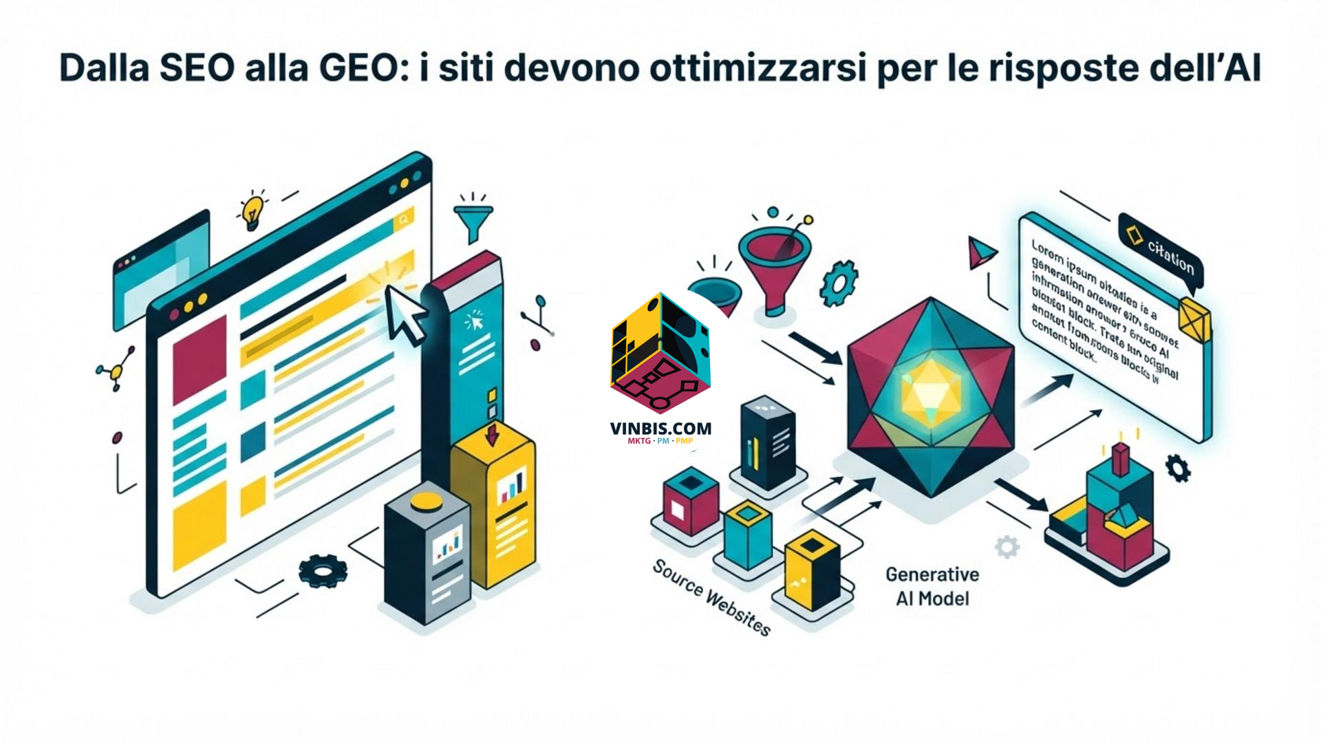 Illustrazione concettuale di un sito web ottimizzato per le risposte dell’intelligenza artificiale · Immagine illustrativa generata mediante intelligenza artificiale.